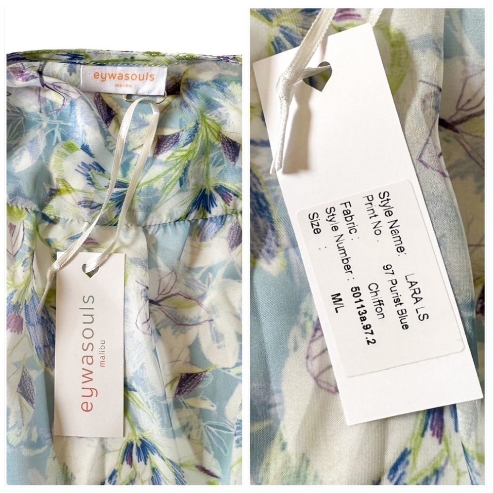 NWT Eywasouls Malibu | Lara Long Sleeve Dress., blue floral, Size M/L - Picture 15 of 16